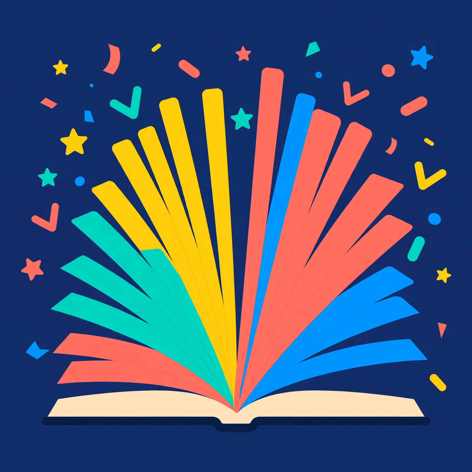 Open book with colorful pages and confetti on navy background